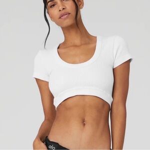 ALO Yoga White Ribbed Scoop Neck Cropped Tee